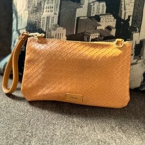 CO-LAB woven wristlet in cognac vegan leather (w/ shoulder strap)